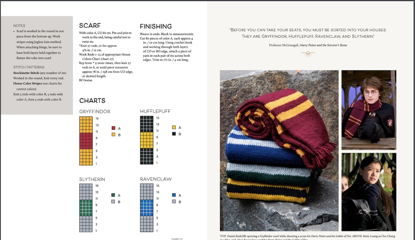 Directions to knit a Harry Potter house scarf from the book Harry Potter Knitting Magic.