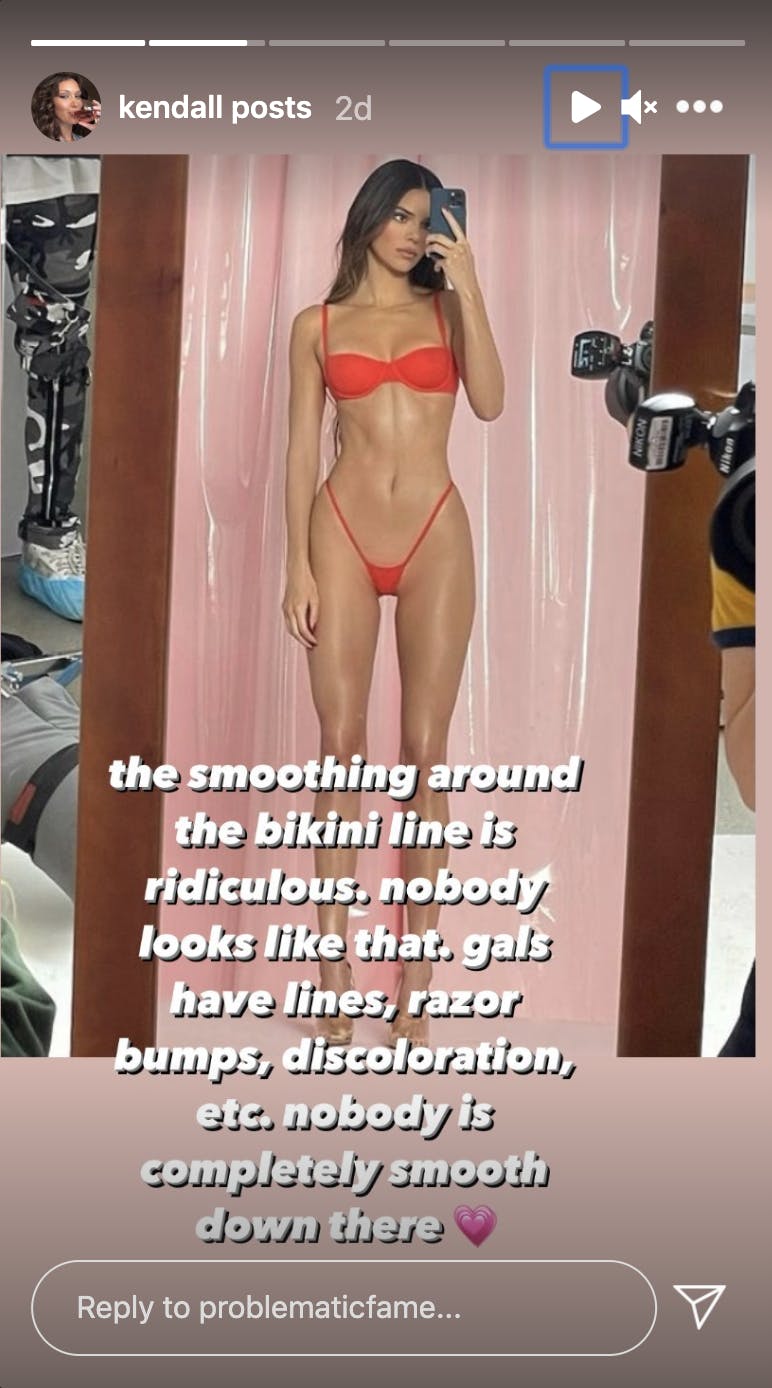 Photograph of Jenner in the red underwear set with the text 'the smoothing around the bikini line is ridiculous. nobody looks like that. gals have razor lines, bumps, discolouration, etc. Nobody is completely smooth down there.