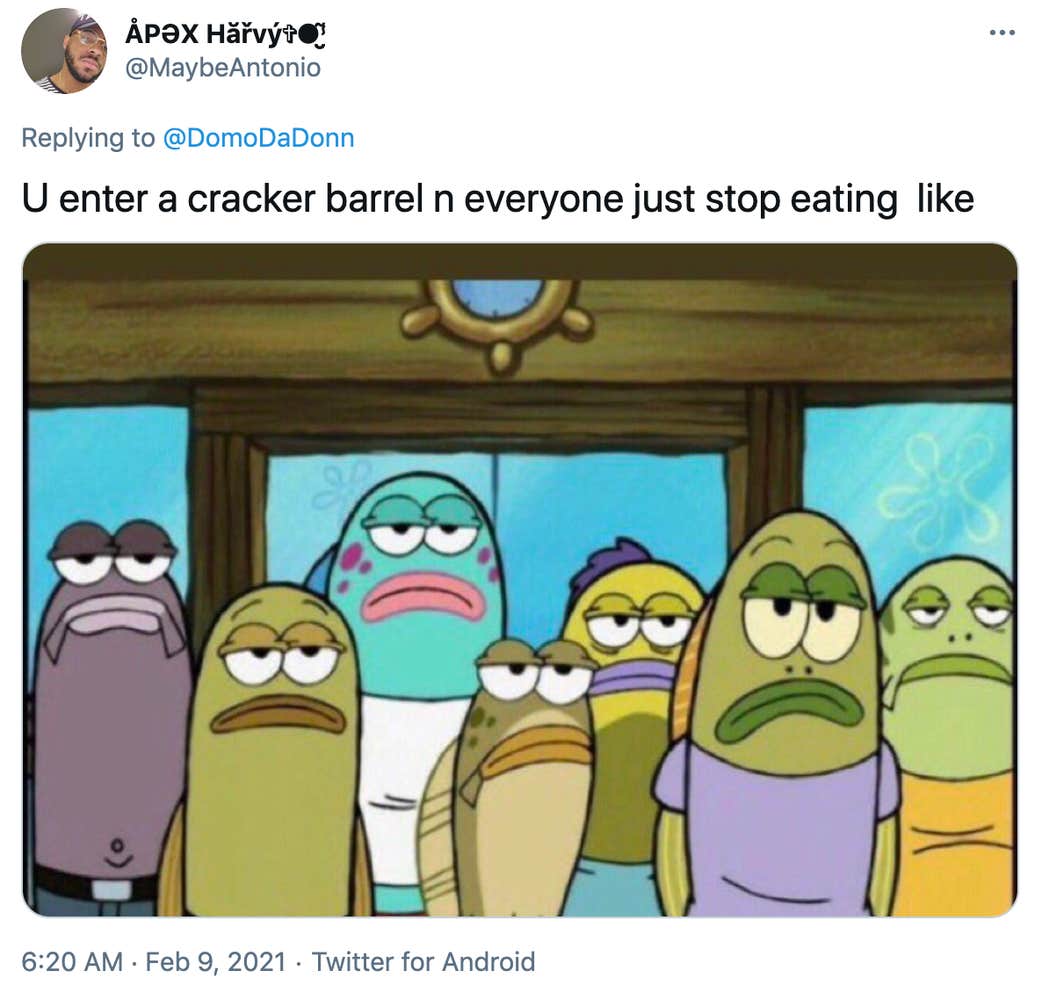 "U enter a cracker barrel n everyone just stop eating like" screen grab from Spongebob Squarepants showing a group of deadpan staring fish