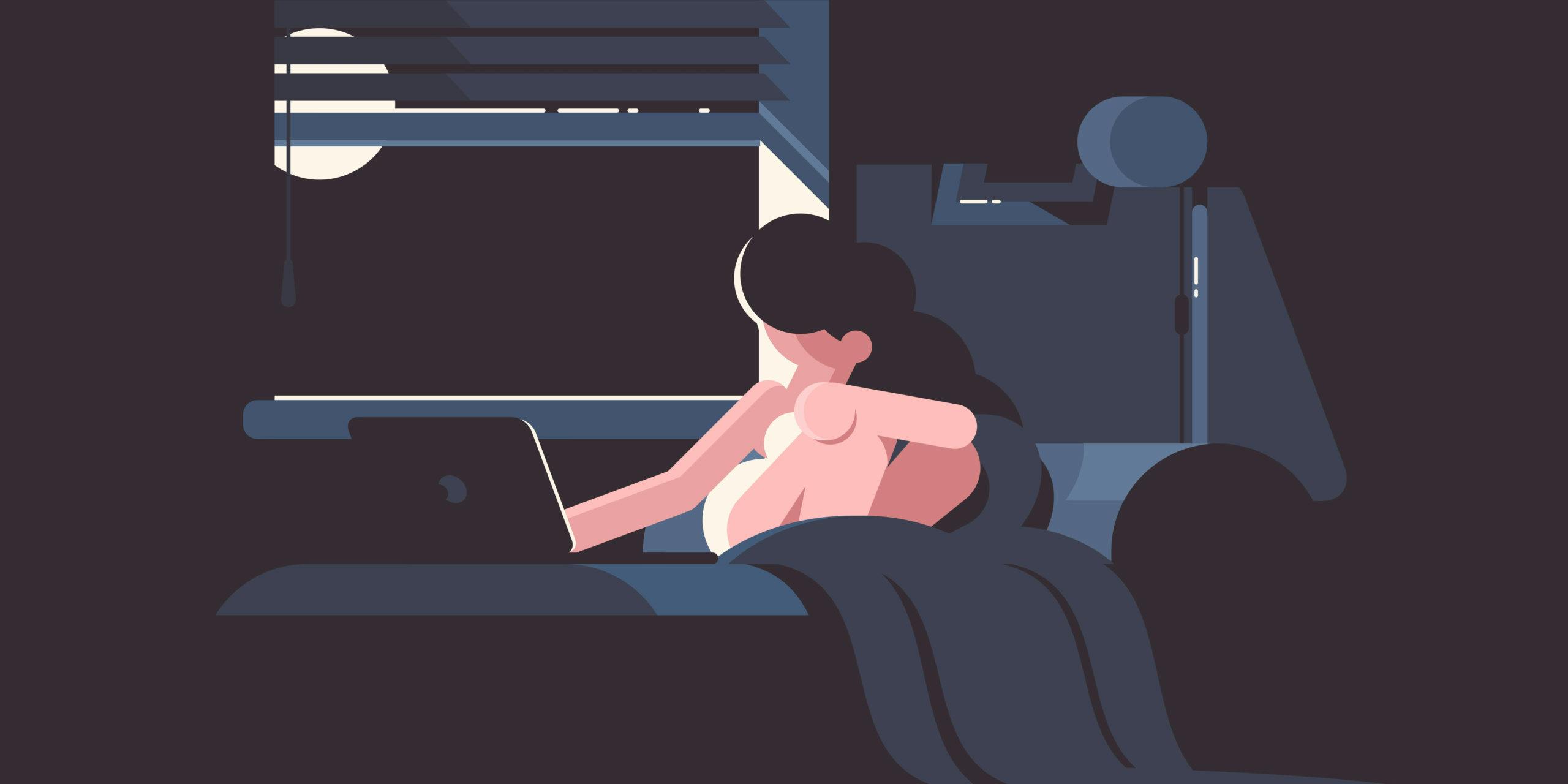 一个女人在卧室里拿着一台笔记本电脑，象征着抑郁。