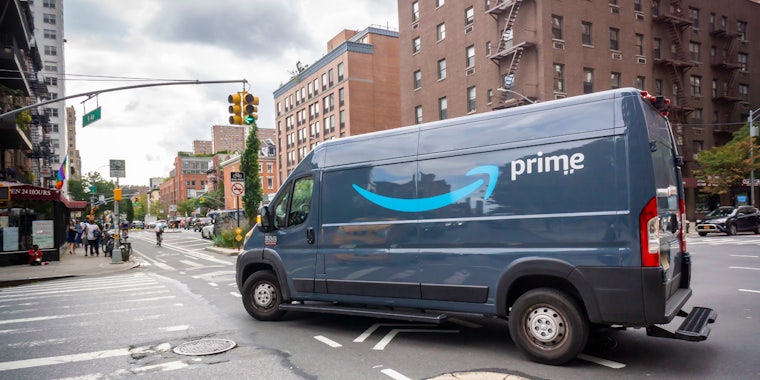 An Amazon delivery truck driving in New York.