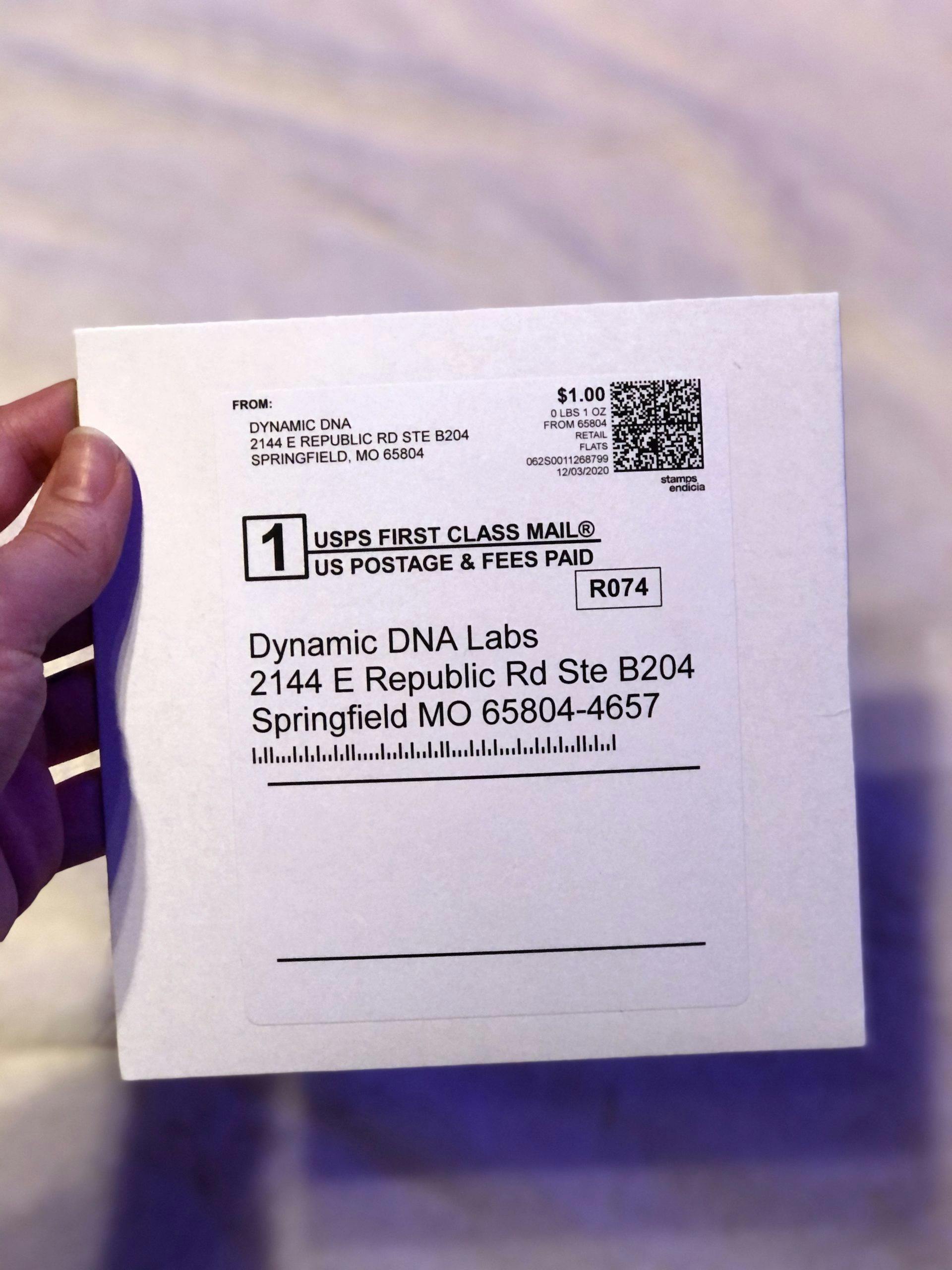 Dynamic DNA Labs' pre-paid cardboard mailer.