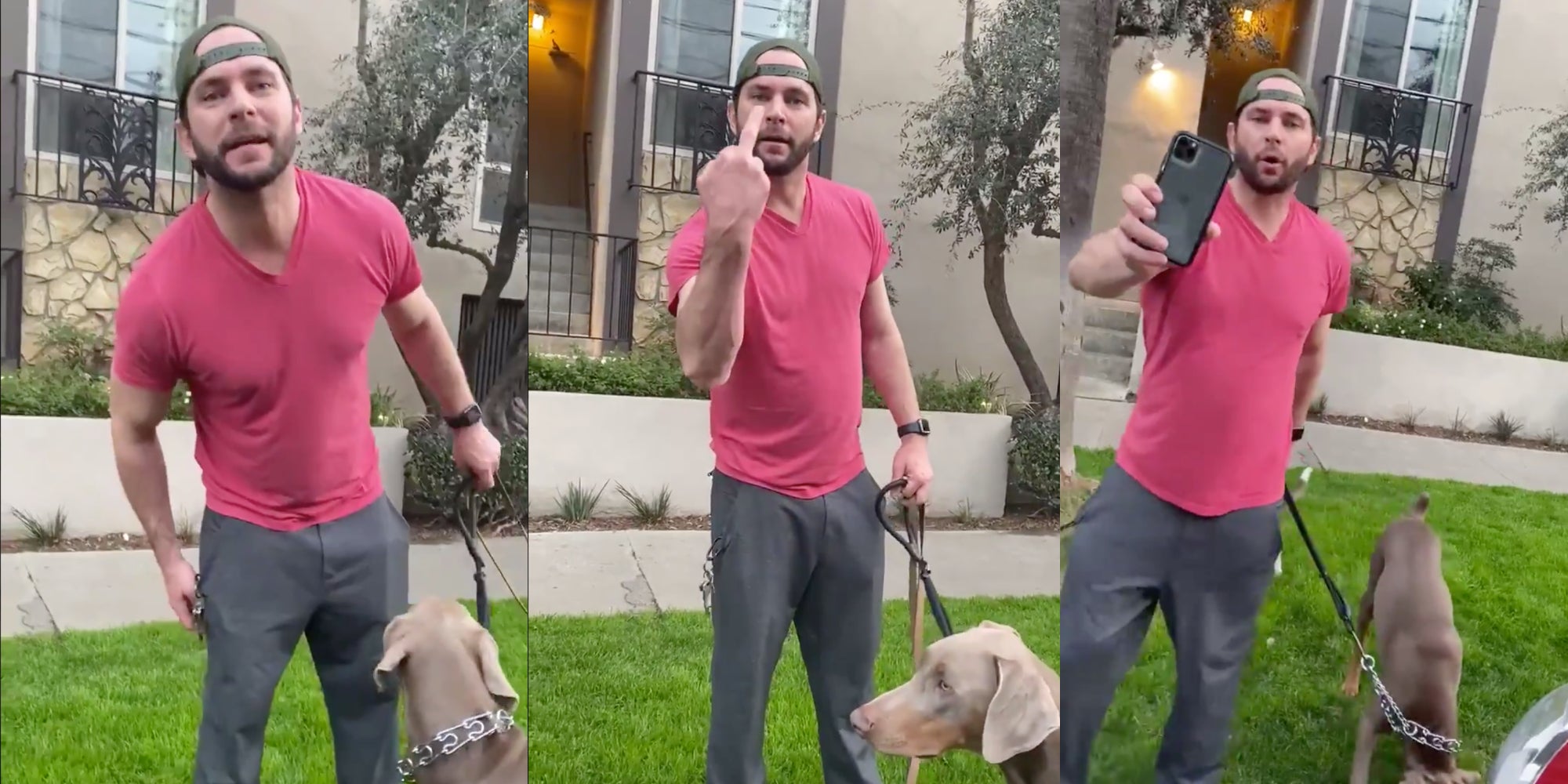 Racist white man walking dogs assaults young woman, flips the bird