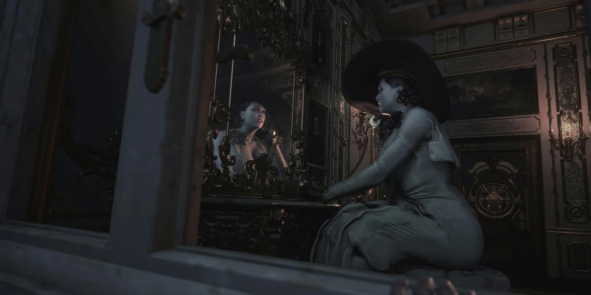 Resident Evil Village character Lady Dimitrescu looking in mirror