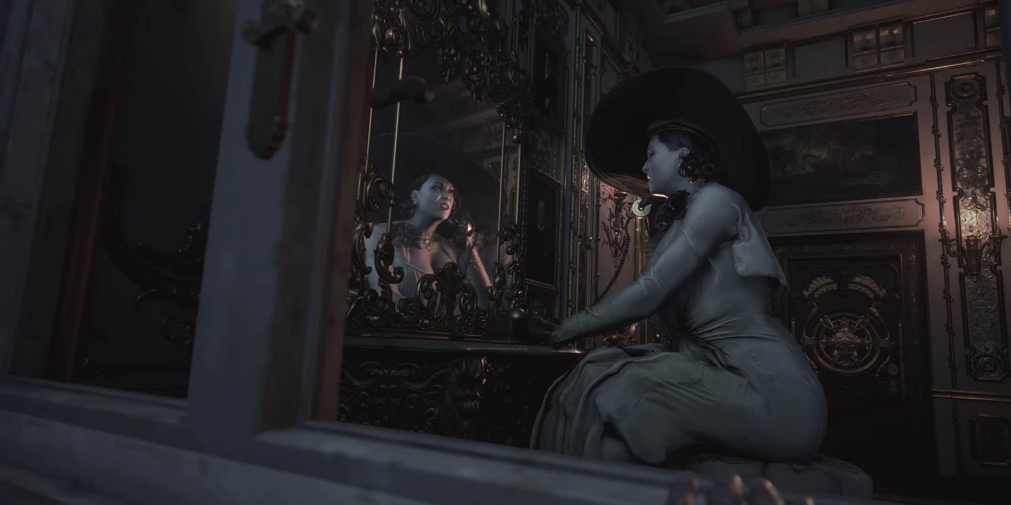 Resident Evil Village character Lady Dimitrescu looking in mirror