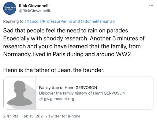 Sad that people feel the need to rain on parades. Especially with shoddy research. Another 5 minutes of research and you’d have learned that the family, from Normandy, lived in Paris during and around WW2.   Henri is the father of Jean, the founder.  https://t.co/X3Wcwfiy4e?amp=1