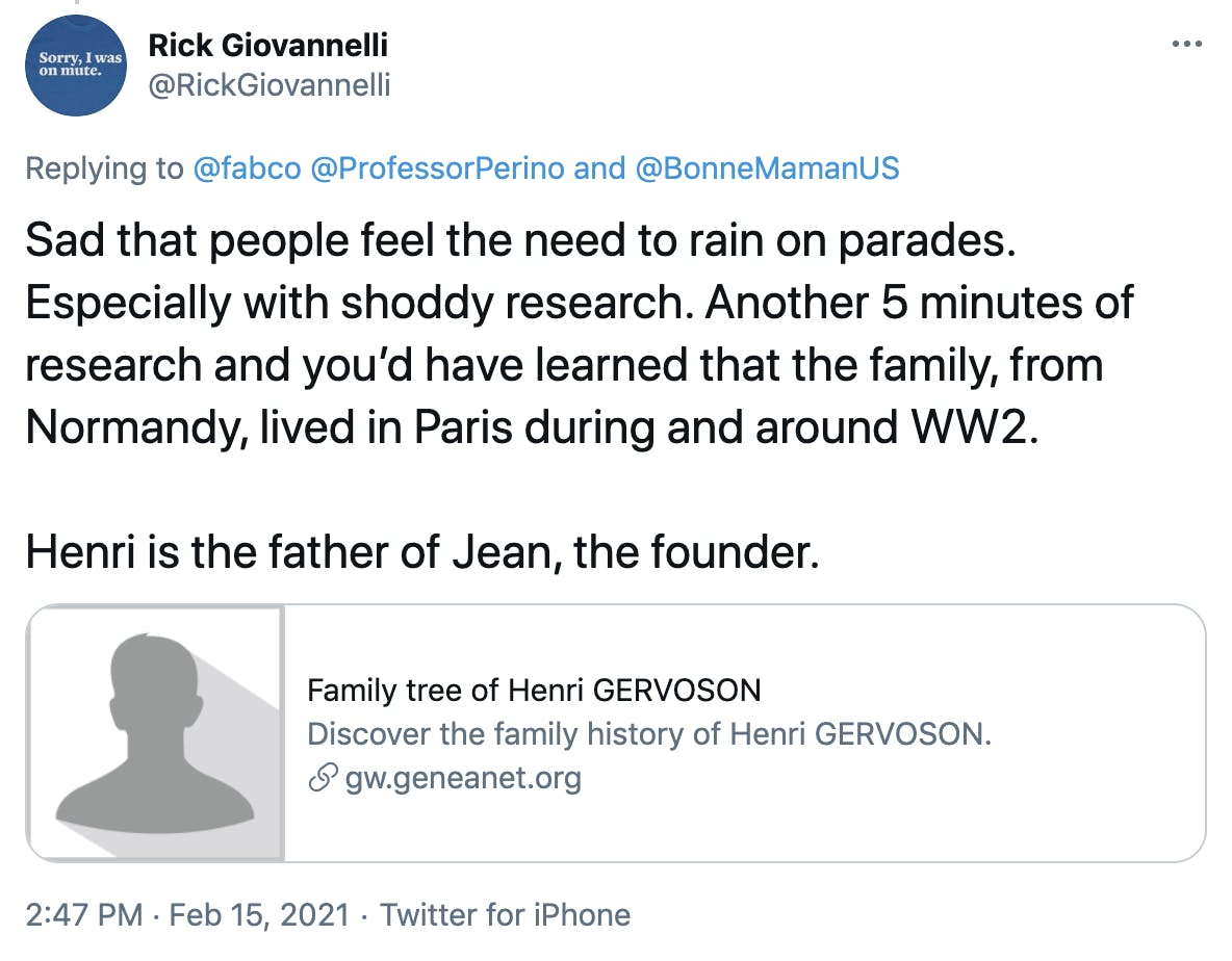 Sad that people feel the need to rain on parades. Especially with shoddy research. Another 5 minutes of research and you’d have learned that the family, from Normandy, lived in Paris during and around WW2. Henri is the father of Jean, the founder. https://t.co/X3Wcwfiy4e?amp=1