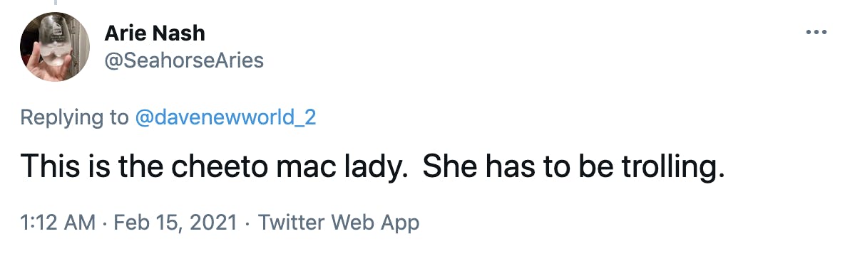 This is the cheeto mac lady. She has to be trolling.