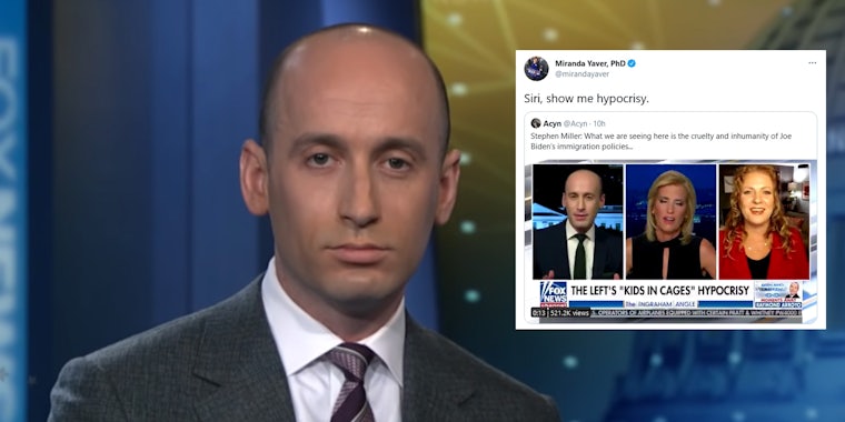 Stephen Miller next to a tweet mocking him for criticizing the 'cruelty' and 'inhumanity' of Biden's immigration policies.