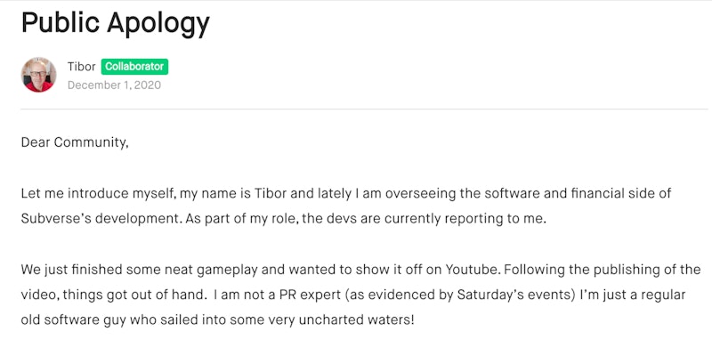 'Subverse' game's Studio FOW Tibor apology