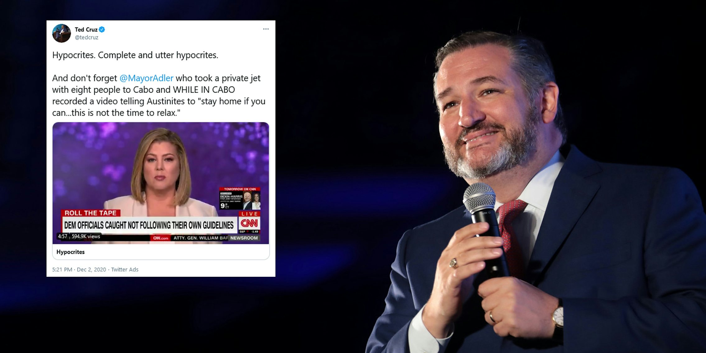 Ted Cruz next to an old tweet of his criticizing Austin's mayor for leaving during COVID. The tweet has resurfaced as he fled Texas for Cancun during a winter storm crisis, which also sparked memes.