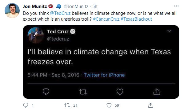 A fake tweet from Ted Cruz that says 'I'll believe in climate change when Texas freezes over.'
