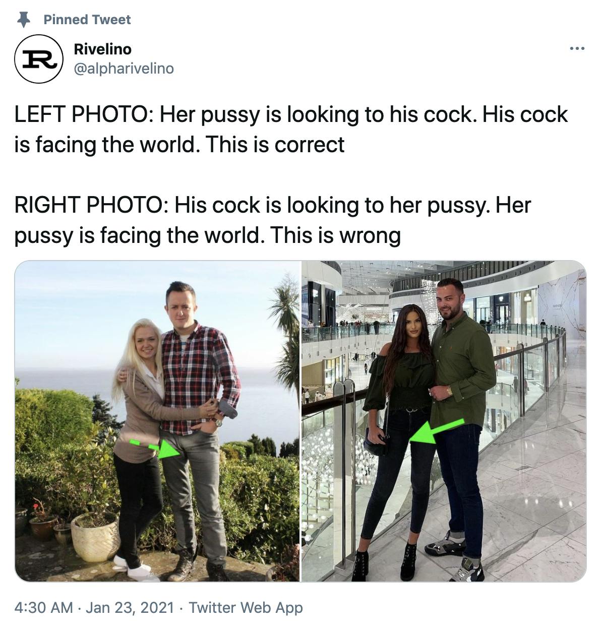 'LEFT PHOTO: Her pussy is looking to his cock. His cock is facing the world. This is correct RIGHT PHOTO: His cock is looking to her pussy. Her pussy is facing the world. This is wrong' Two pictures, on the left a blonde woman hugs the side of a man in a plaid shirt, on the right a dark haired woman in black faces the camera while a man hugs her side