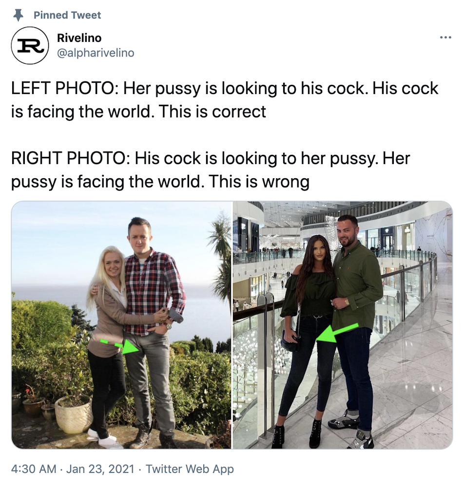 "LEFT PHOTO: Her pussy is looking to his cock. His cock is facing the world. This is correct RIGHT PHOTO: His cock is looking to her pussy. Her pussy is facing the world. This is wrong" Two pictures, on the left a blonde woman hugs the side of a man in a plaid shirt, on the right a dark haired woman in black faces the camera while a man hugs her side