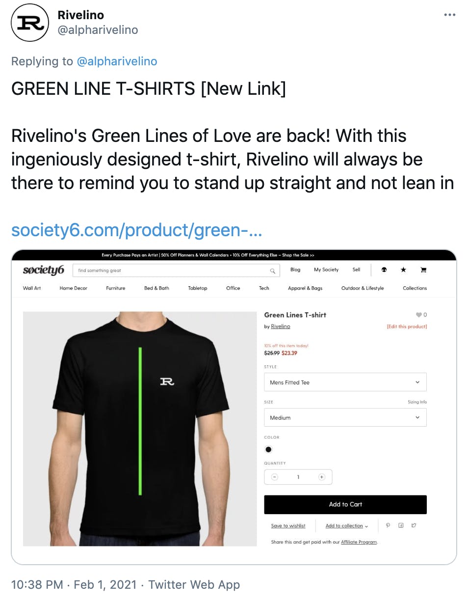 'GREEN LINE T-SHIRTS [New Link] Rivelino's Green Lines of Love are back! With this ingeniously designed t-shirt, Rivelino will always be there to remind you to stand up straight and not lean in https://society6.com/product/green-lines3941220_t-shirt' a photograph of a black t-shirt with a green line down the middle and an R on the breast