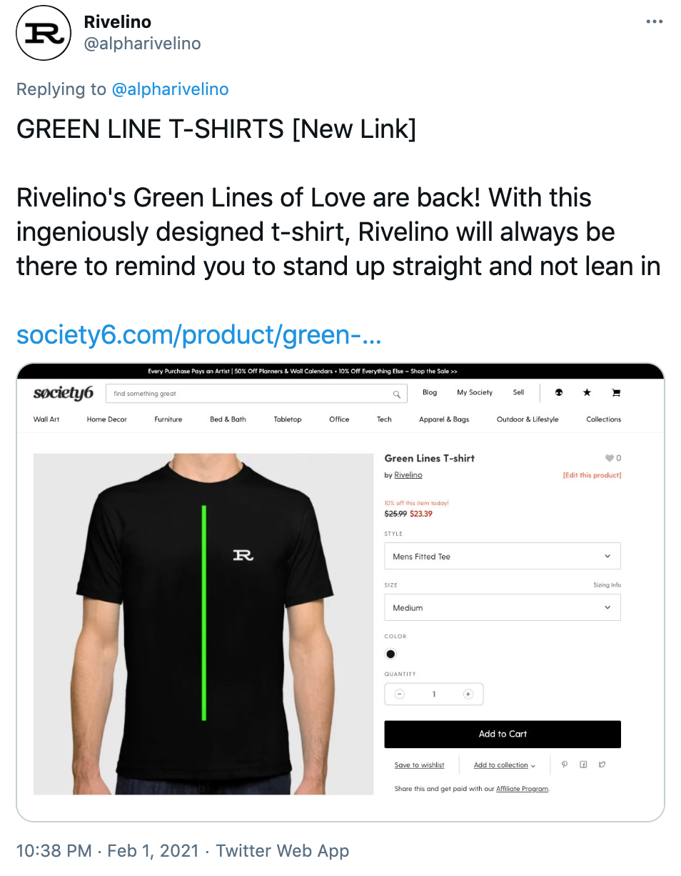 'GREEN LINE T-SHIRTS [New Link] Rivelino's Green Lines of Love are back! With this ingeniously designed t-shirt, Rivelino will always be there to remind you to stand up straight and not lean in https://society6.com/product/green-lines3941220_t-shirt' a photograph of a black t-shirt with a green line down the middle and an R on the breast