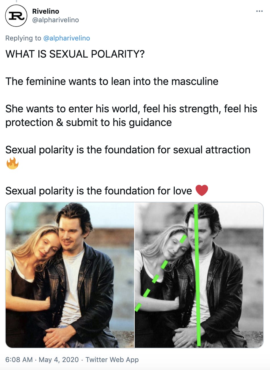 'WHAT IS SEXUAL POLARITY? The feminine wants to lean into the masculine She wants to enter his world, feel his strength, feel his protection & submit to his guidance Sexual polarity is the foundation for sexual attraction Fire Sexual polarity is the foundation for love Red heart' a photograph of a blonde white woman leaning her head on the shoulder of a leather jacket wearing white man. The same photograph in black and white with green lines highlighting their body angles