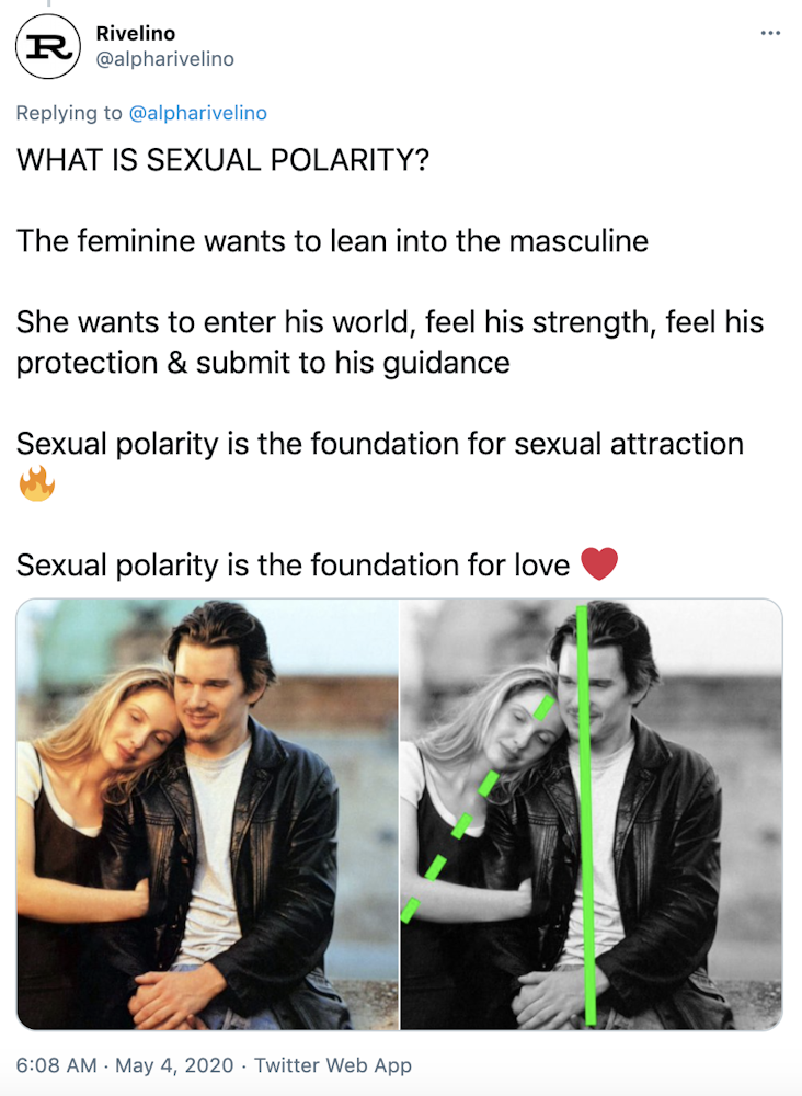 "WHAT IS SEXUAL POLARITY? The feminine wants to lean into the masculine She wants to enter his world, feel his strength, feel his protection & submit to his guidance Sexual polarity is the foundation for sexual attraction Fire Sexual polarity is the foundation for love Red heart" a photograph of a blonde white woman leaning her head on the shoulder of a leather jacket wearing white man. The same photograph in black and white with green lines highlighting their body angles