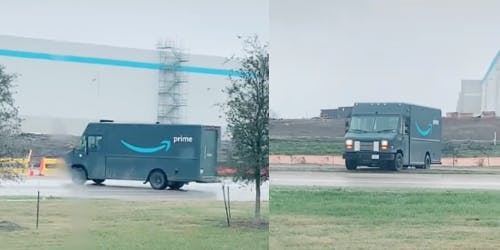 amazon truck skidding on icy road in dallas, texas
