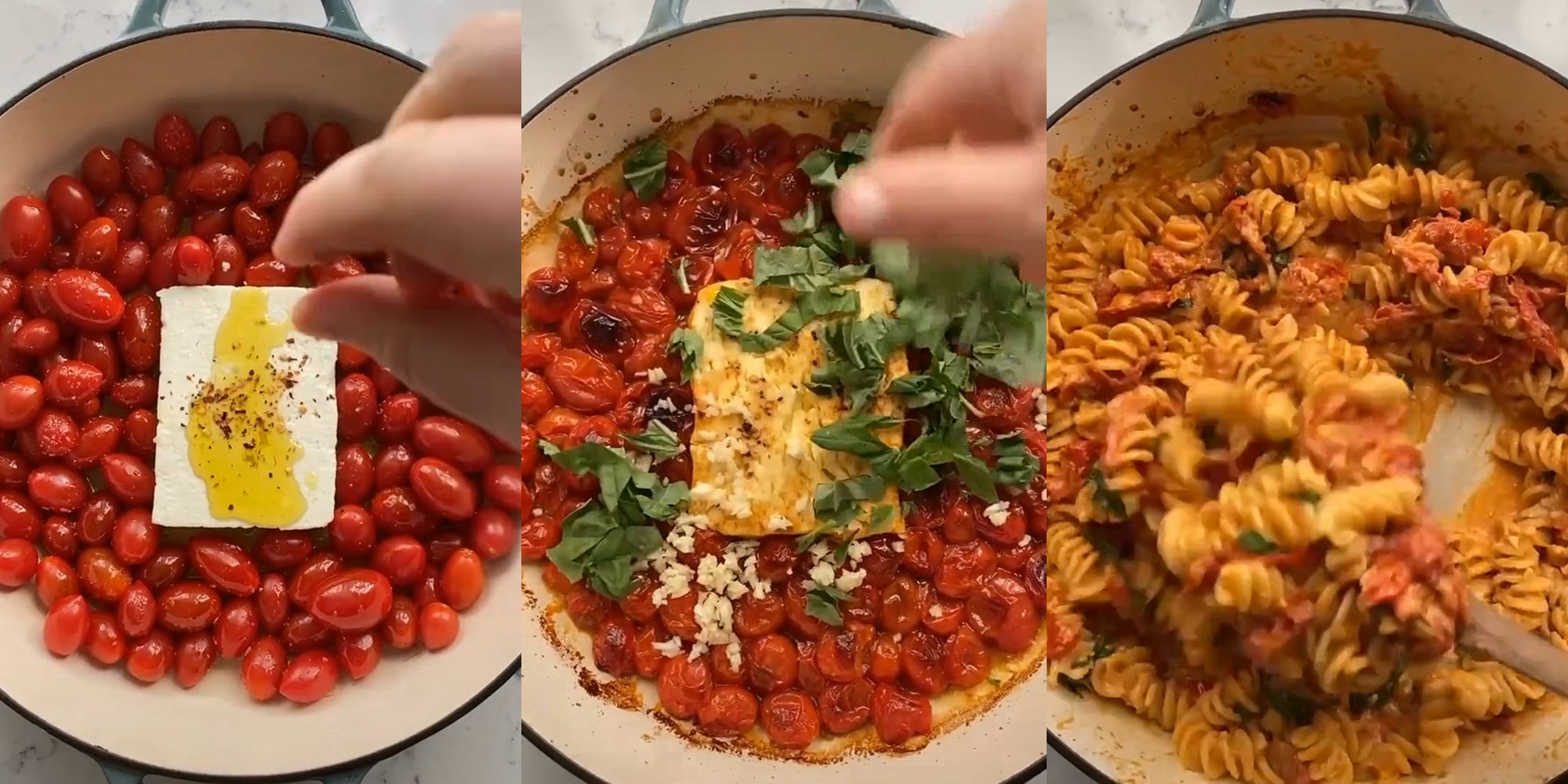 woman making a "baked feta pasta" dish