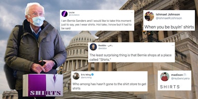 Bernie Sanders at the Capitol and tweets about 'shirts'