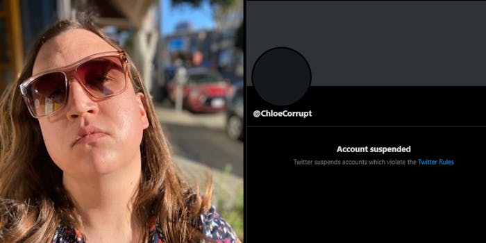 woman wearing sunglasses (l) @chloecorrupt Account suspended message on Twitter user page