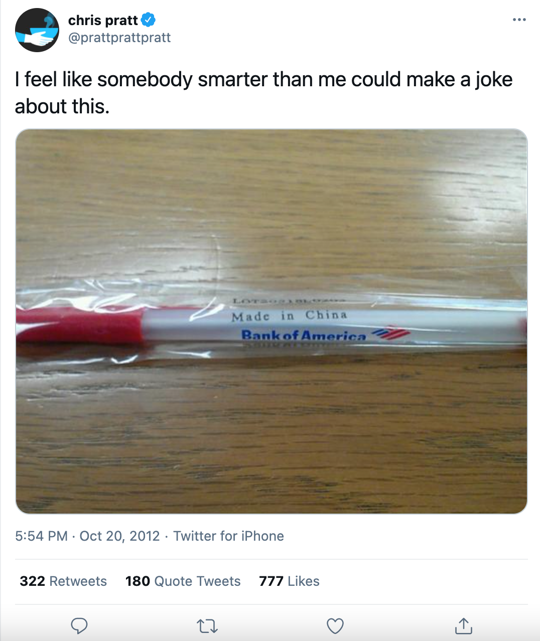 screenshot of chris pratt tweet with bank of america pen