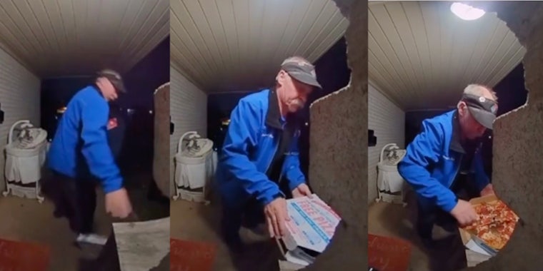 pizza delivery man at customer's front porch dropping box of pizza, putting it back