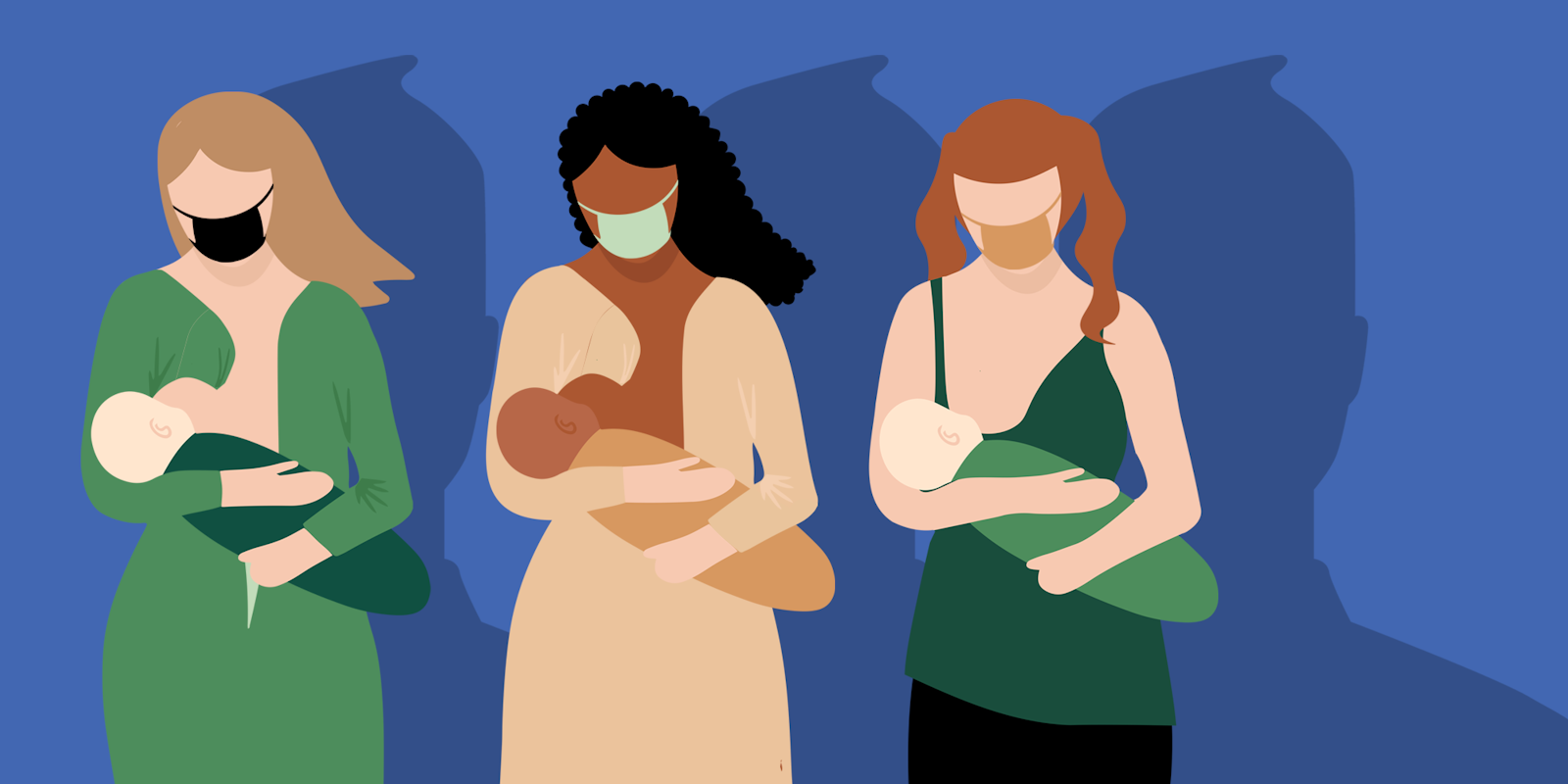 three women breastfeeding with facebook head logo for shadows