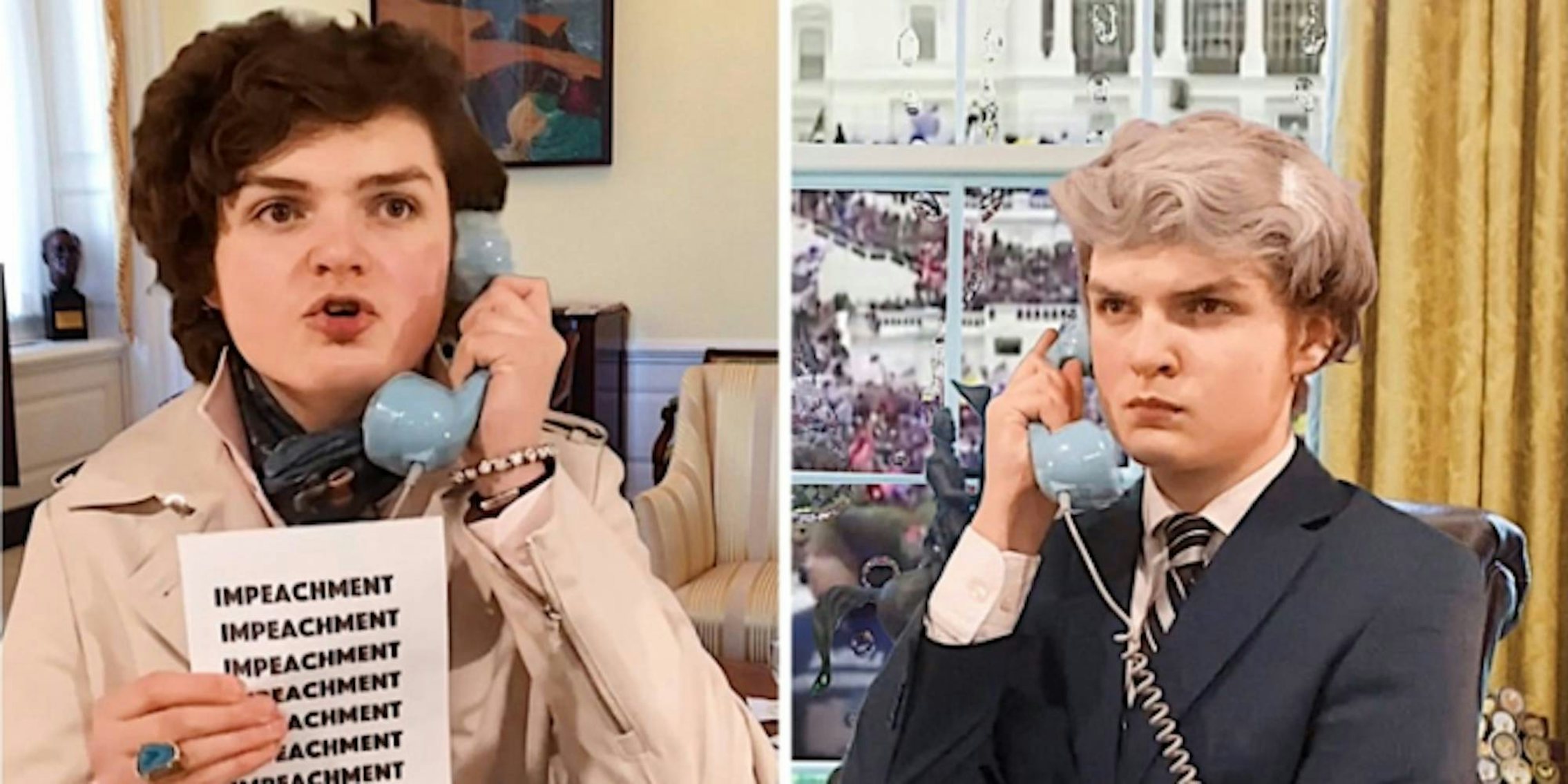 Henry Patterson dressed as Nancy Pelosi, with brown curls and a raincoat, holding a telephone and a piece of paper with 'impeachment' written on it multiple times next to a picture of Henry Patterson as Mike Pence with white hair and wearing a suit, also on the phone