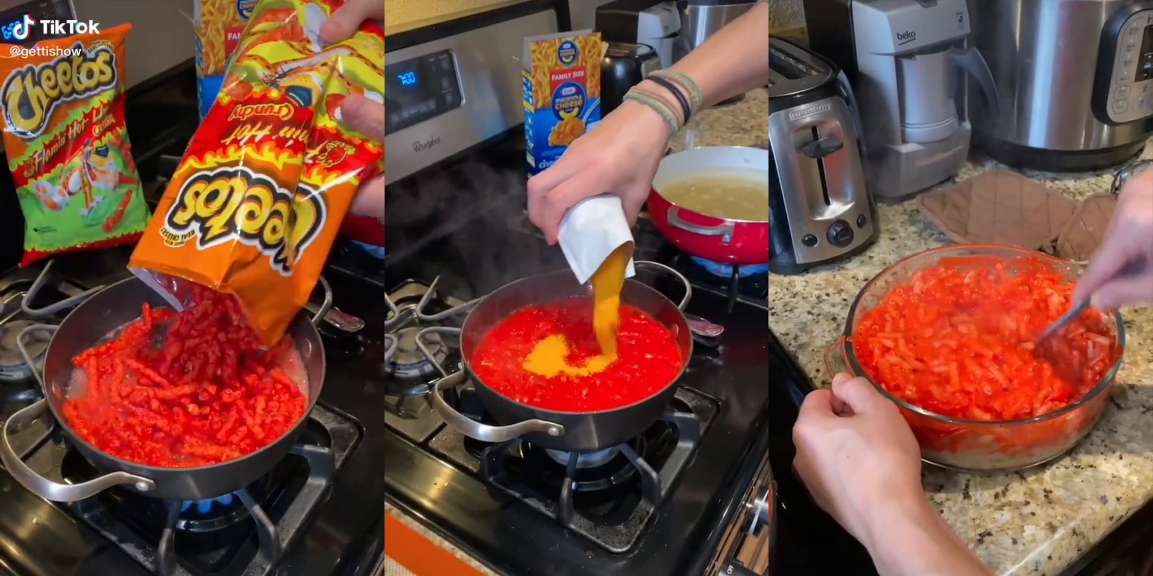 woman making macaroni and cheese with flaming hot cheetos