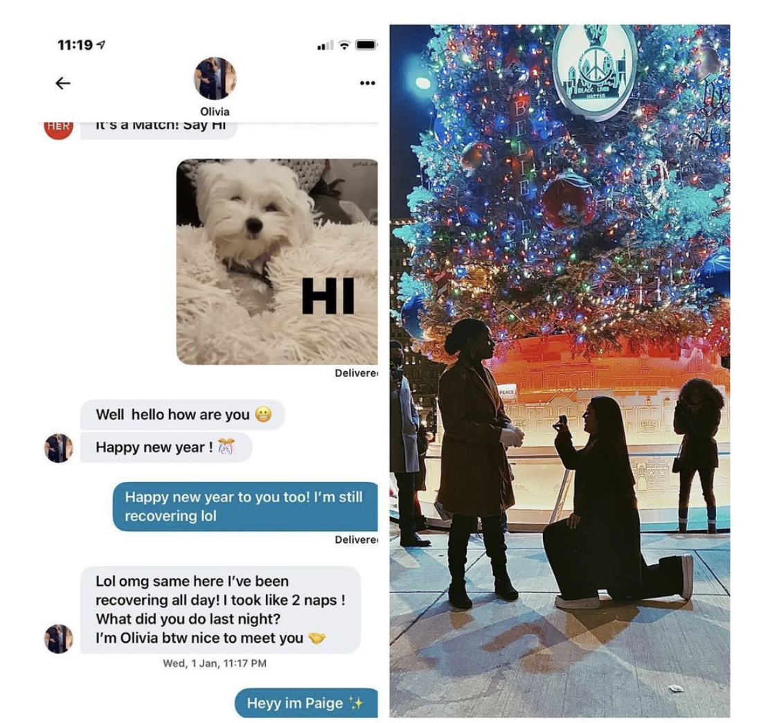 Screenshot of an actual conversation between two HER app users side-by-side with a photo of their engagement.