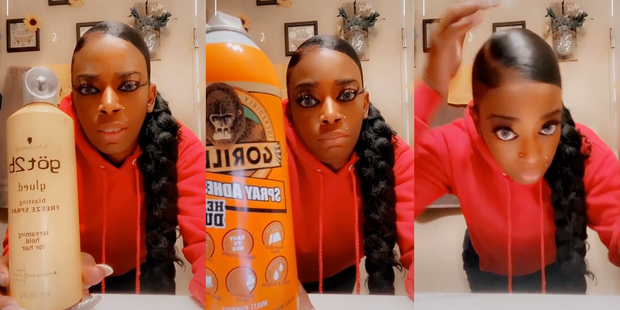 woman holding hair spray bottle (left), holding a bottle of gorilla glue spray adhesive (center), showing her hair (right)