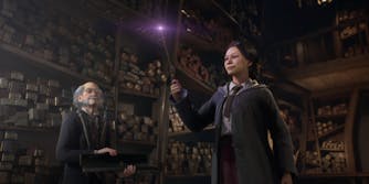 wandmaker and young witch in wand shop