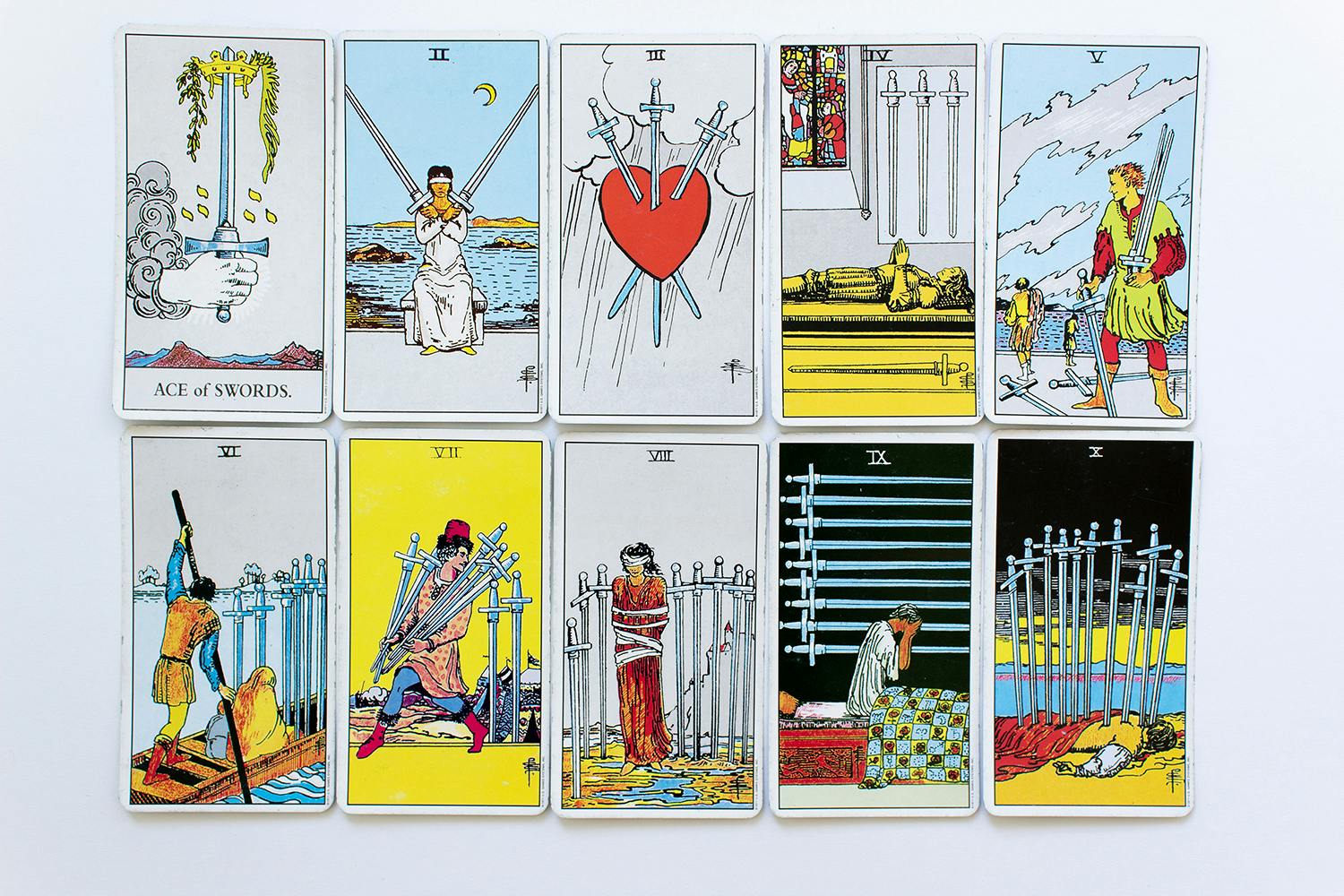 all minor number arcana swords set card of Rider-Waite deck on white background