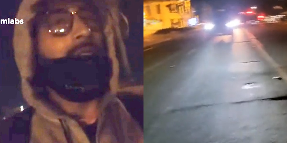 man walking in the dark (L) vehicle driving down road (R)