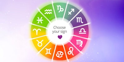Rainbow zodiac wheel on a purple galaxy background
