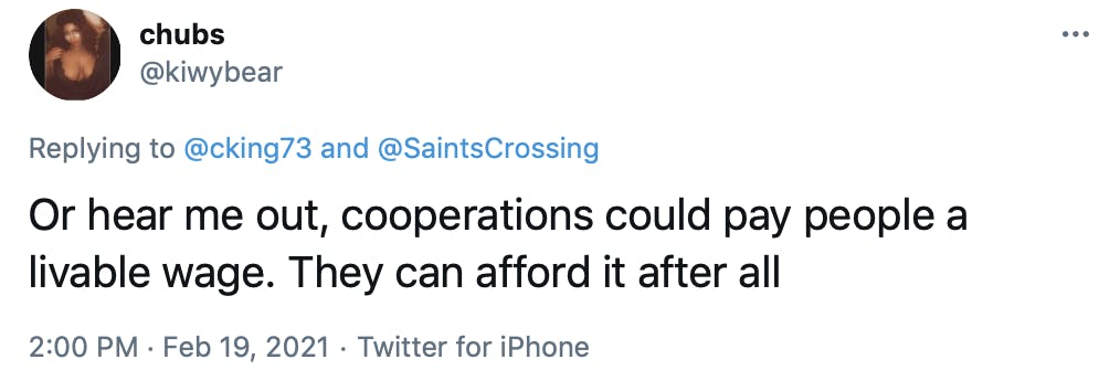 Or hear me out, cooperations could pay people a livable wage. They can afford it after all
