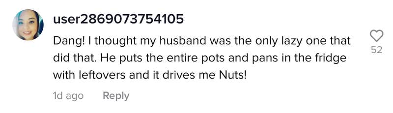 user2869073754105: Dang! I thought my husband was the only lazy one that did that. He puts entire pots and pans in the fridge with leftovers and it drives me Nuts!