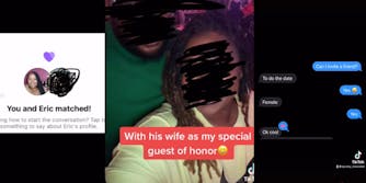 two Tinder users matching, selfie of husband and wife, and a screenshot of a text conversation
