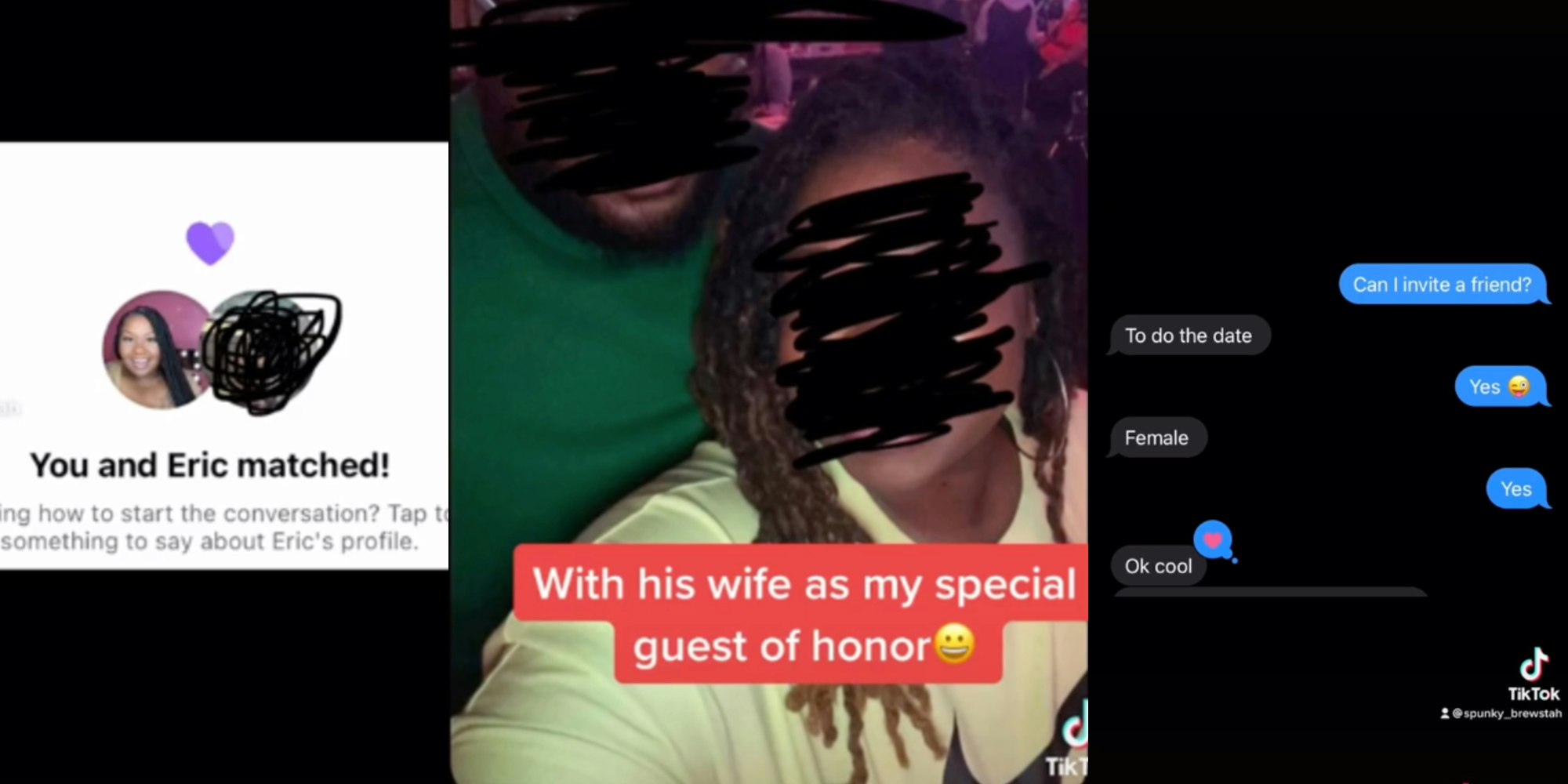 two Tinder users matching, selfie of husband and wife, and a screenshot of a text conversation