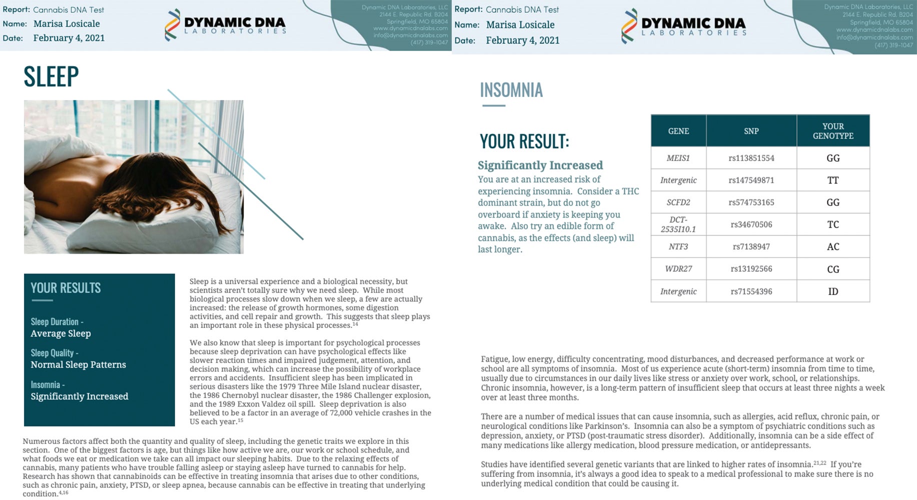 Dynamic DNA Laboratories' pharmacogenetics test findings as relating to insomnia, sleep patterns, and cannabis use.