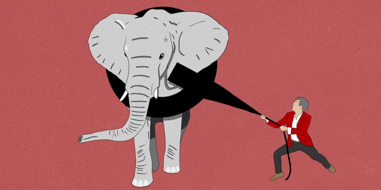 illustration of a man in a red jacket pulling on a rope connected to the letter Q, which is around the neck of an elephant like a collaar