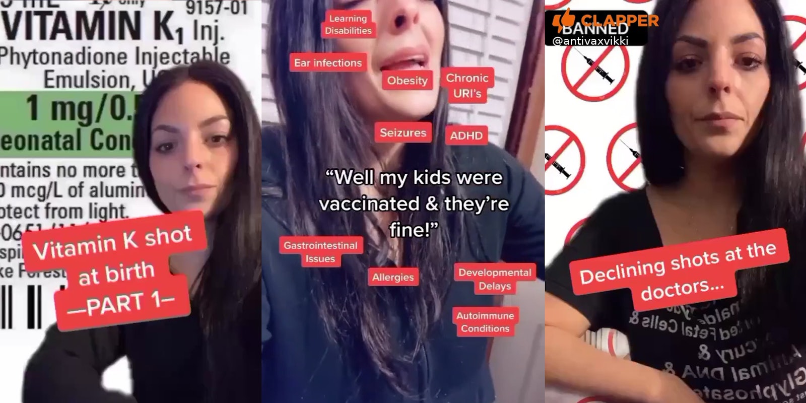 woman posting antivax video with titles 'Vitamin K shot at birth Part 1', 'Well my kids were vaccinated & they're fine!' and 'Declining shots at the doctors...'