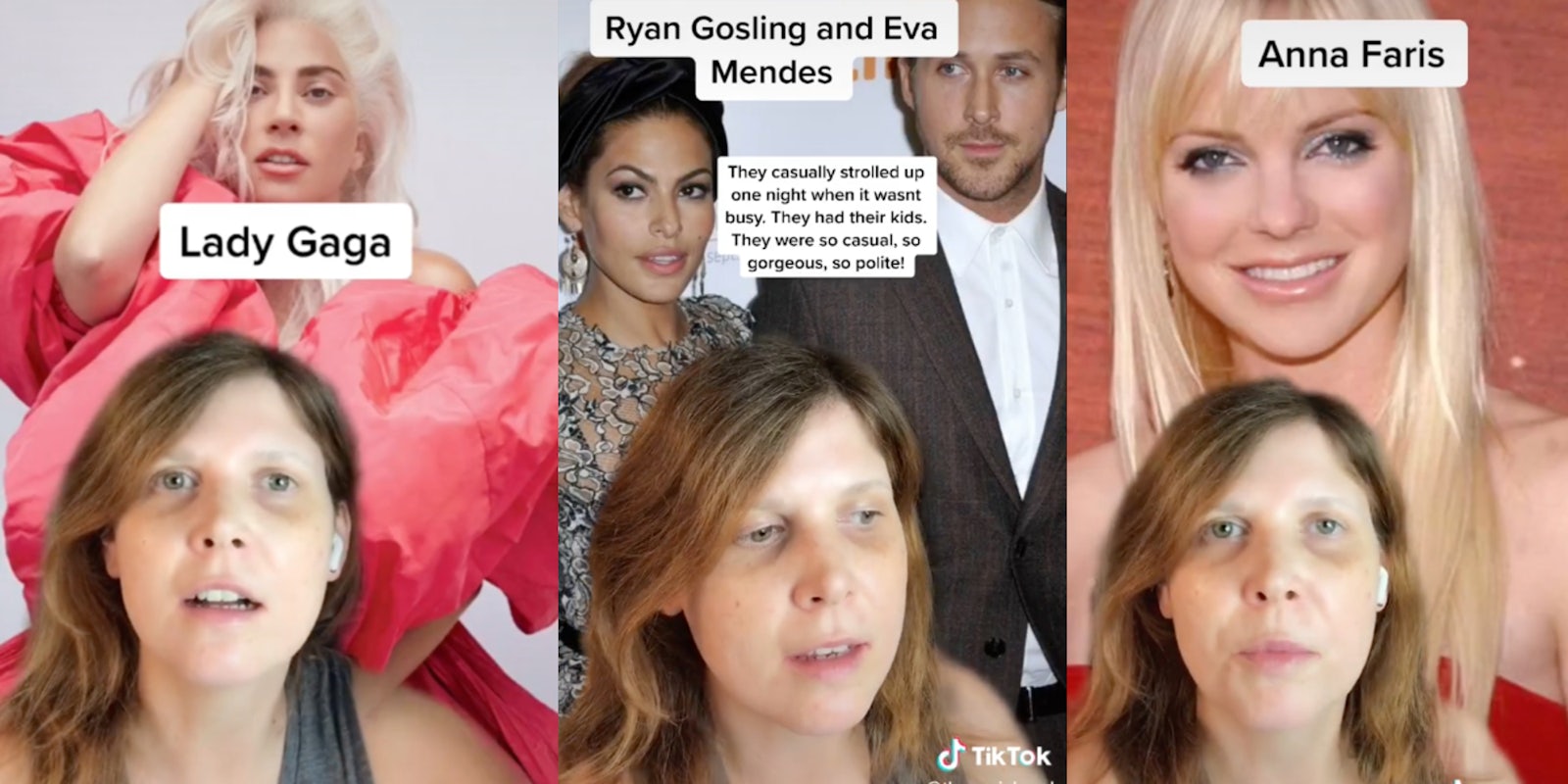 tiktoker with lady gaga, eva mendes, ryan gosling, and anna faris in the background