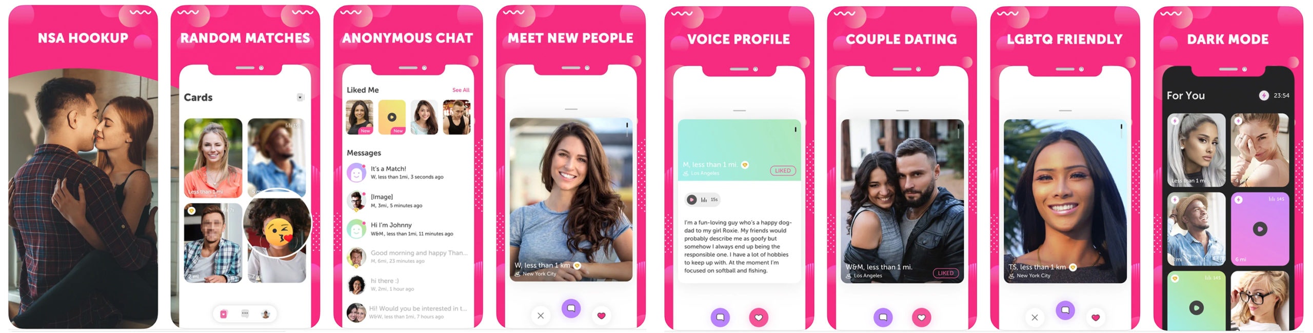 Screenshots from the Yumi app. Shows profile stats (biography, voice notes, user photos) as well as couple and LGBTQ dating options.