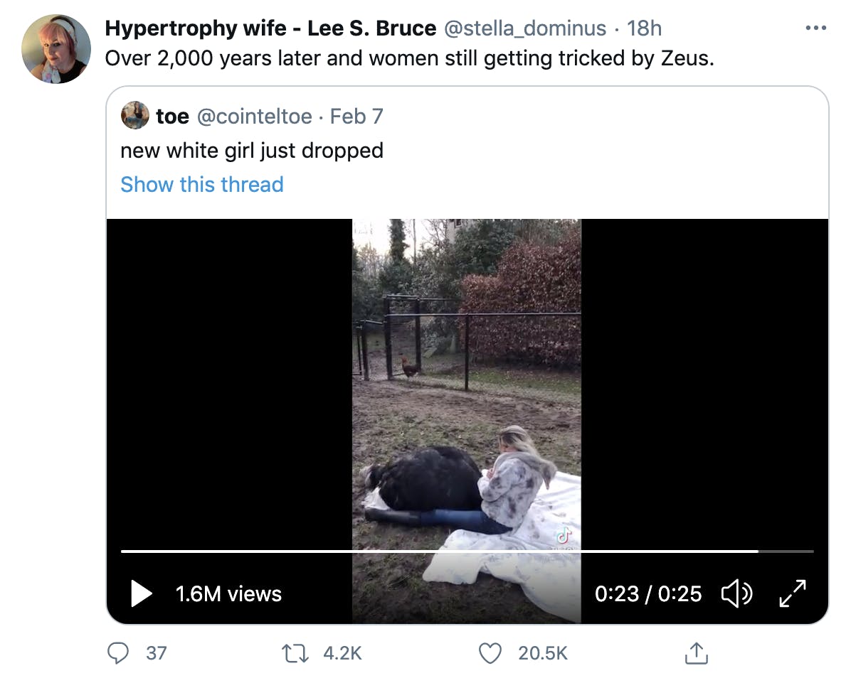 'Over 2,000 years later and women still getting tricked by Zeus.' Embedded tweet: 'New white girl just dropped' and then the tiktok embedded