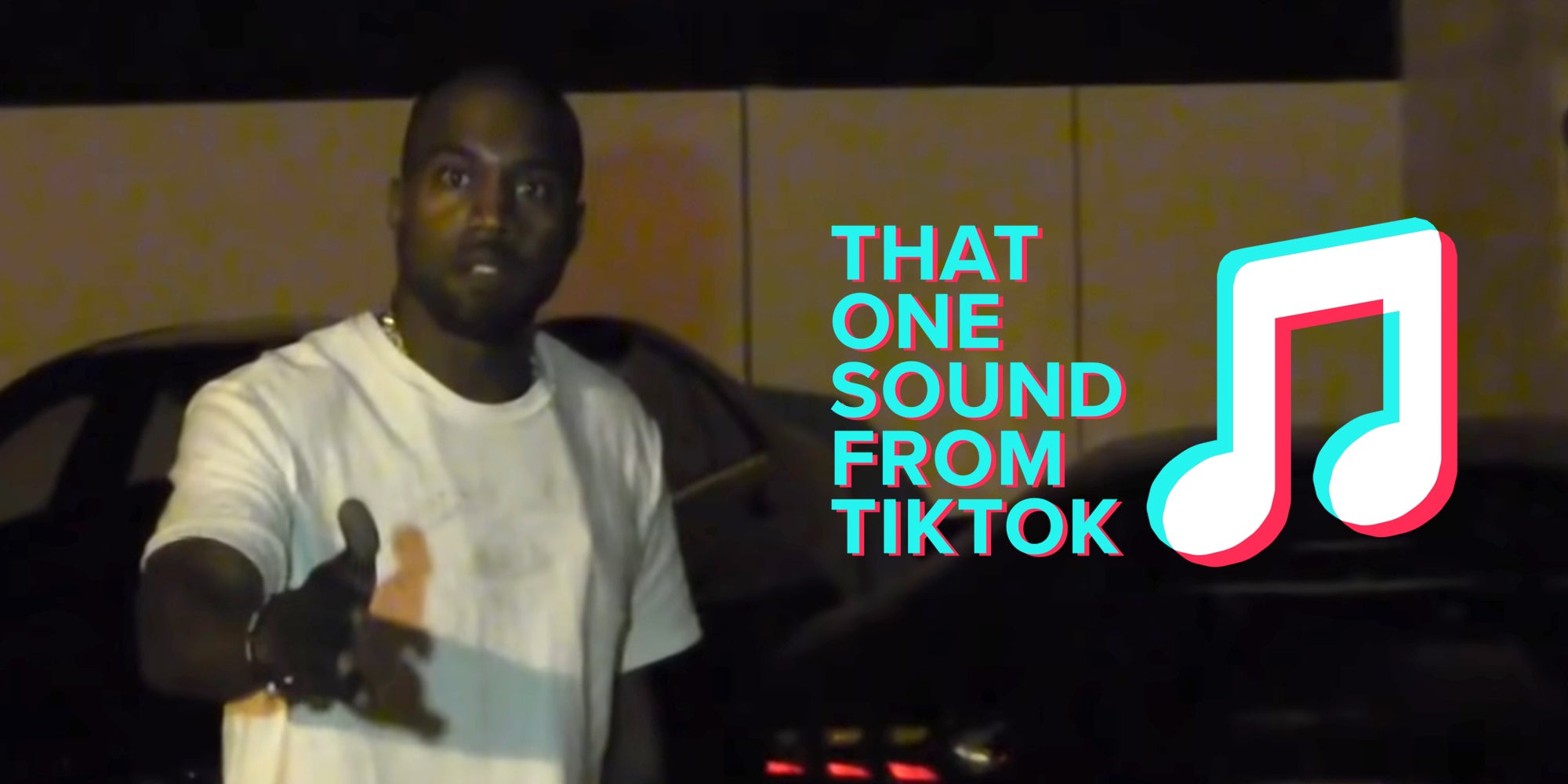 kanye west with "that one sound from tiktok" and musical note symbol in style of TikTok logo