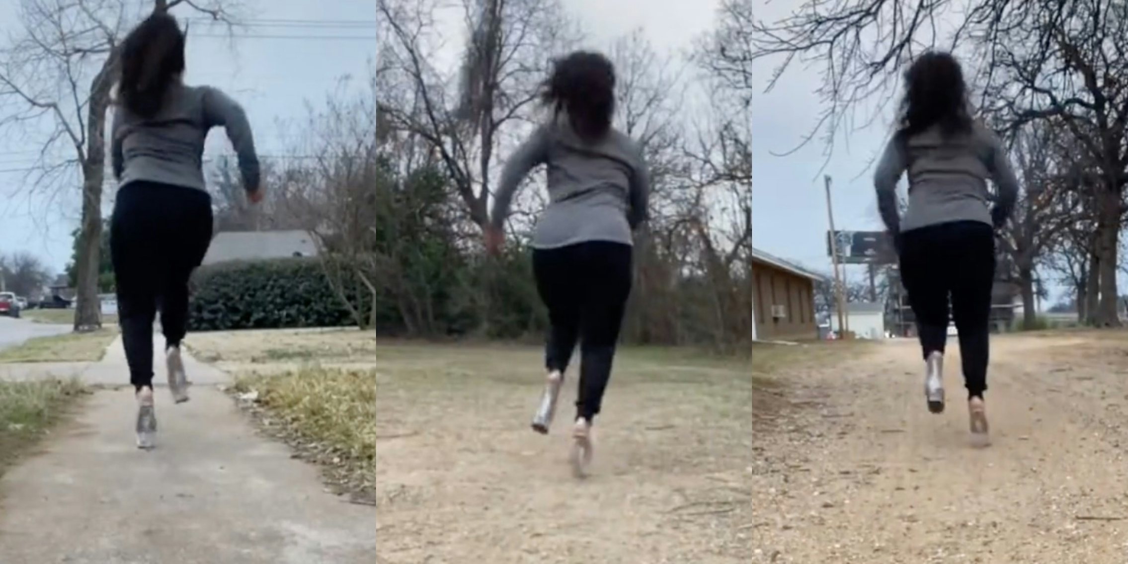 TikTok woman running in high heels