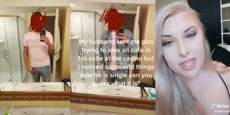 two mirror selfies of a man and a woman speaking into a phone camera